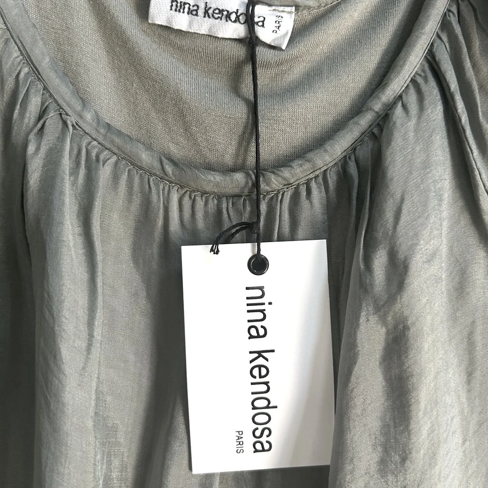 Nina Kendosa Silk Green Gray Blouse with Jersey ruffled Liner in size large NWT - Picture 6 of 16